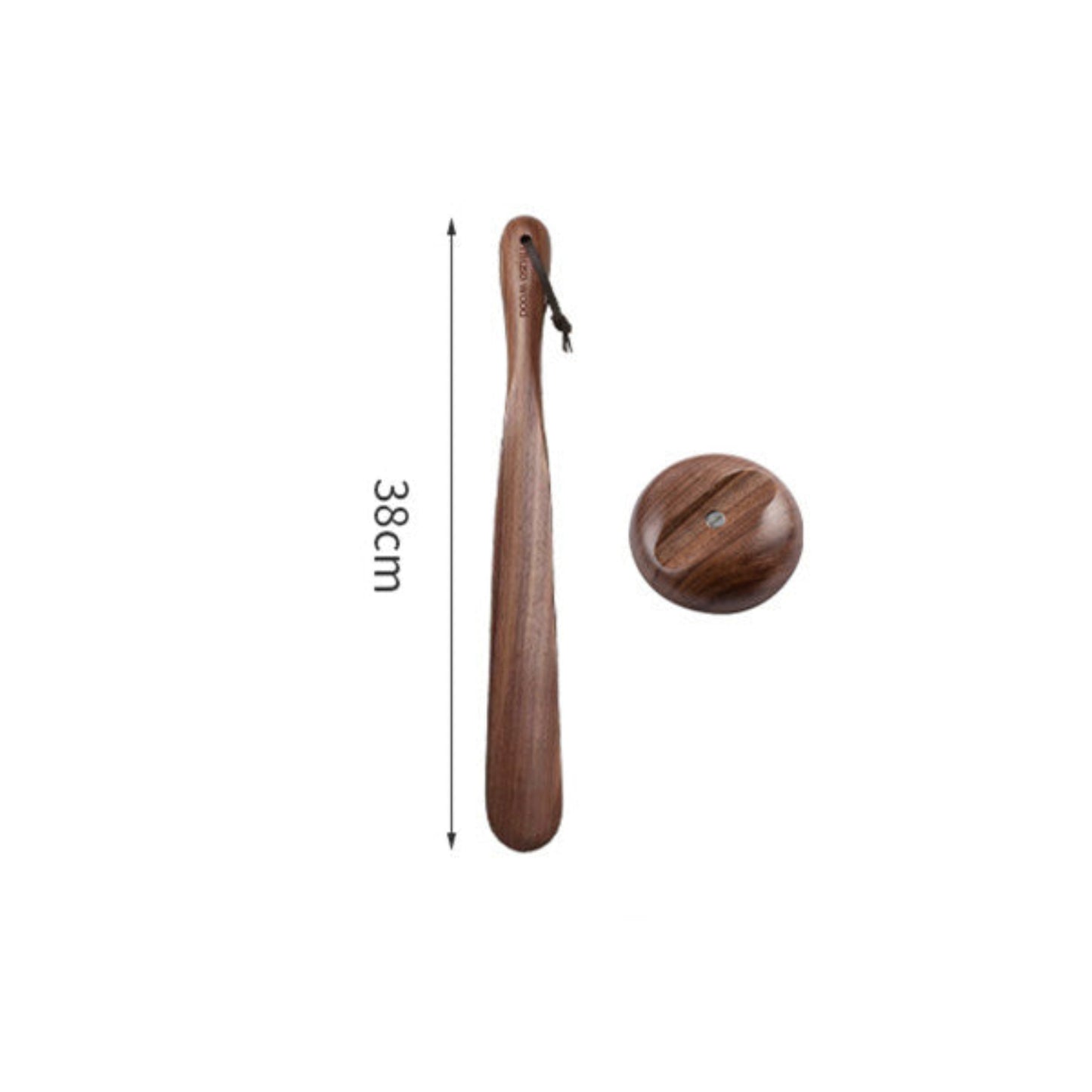 Wooden shoelicker with dimensions on a white background. Walnut solid wood. Brown, earthy and natural decor. 