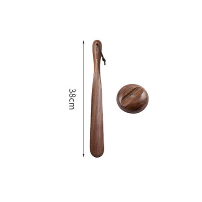 Wooden shoelicker with dimensions on a white background. Walnut solid wood. Brown, earthy and natural decor. 
