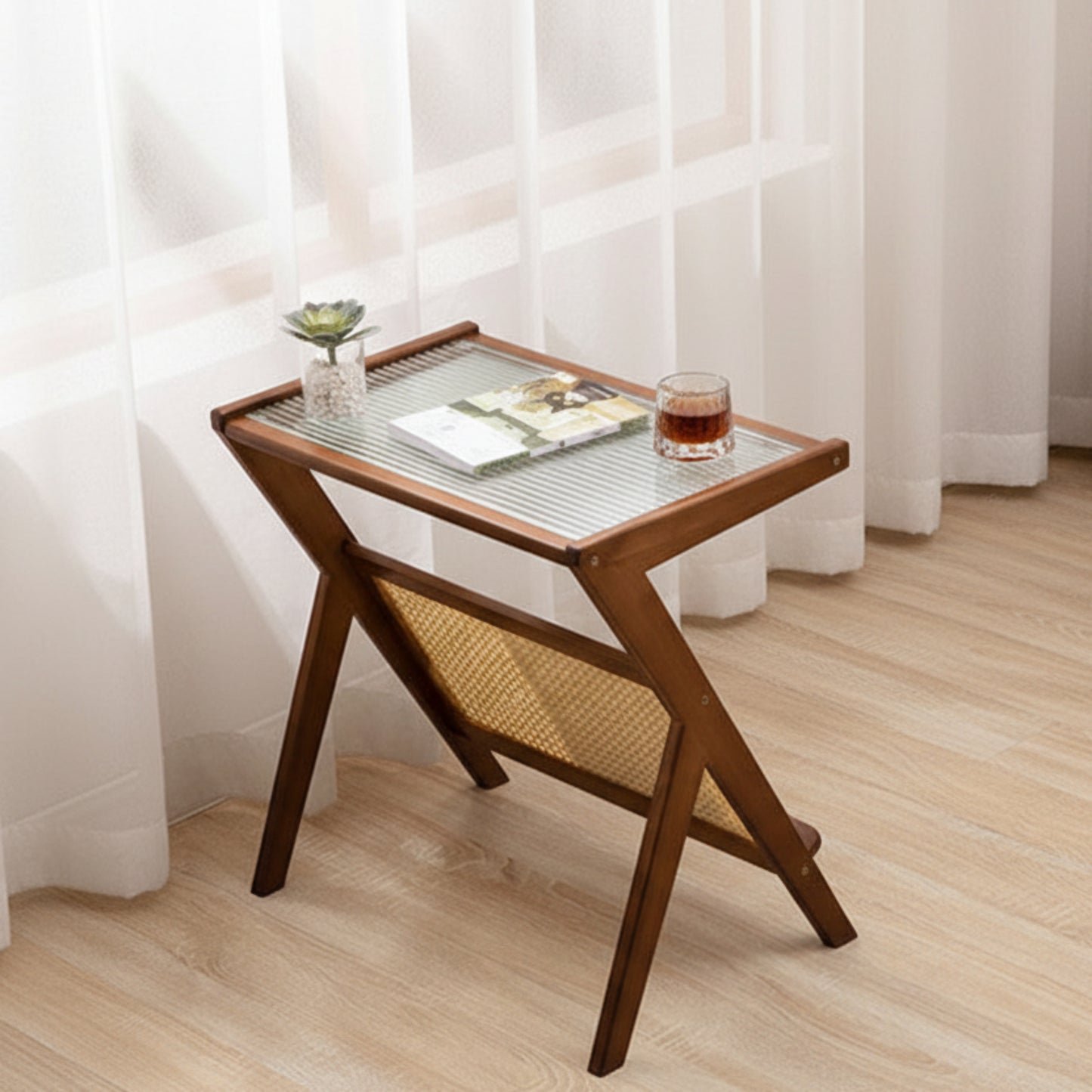 Minimalist Japanese bamboo furniture designed for modern interiors on a wooden floor and with a white curtain in the background. Clean lines, natural materials, and timeless pieces that bring warmth and balance to every home.