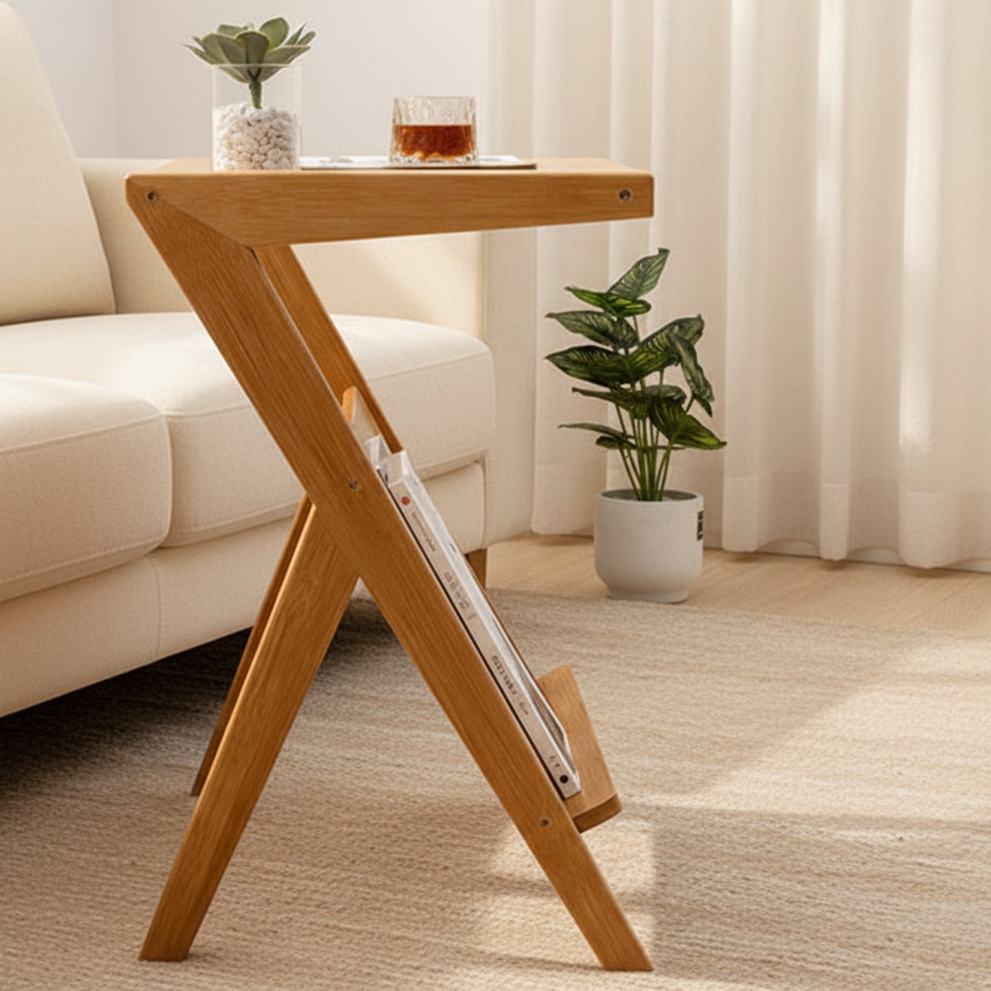 Minimalist Japanese bamboo furniture pictured from the side on a wooden floor and with a white curtain and sofa in the background. Clean lines, natural materials, and timeless pieces that bring warmth and balance to every home.