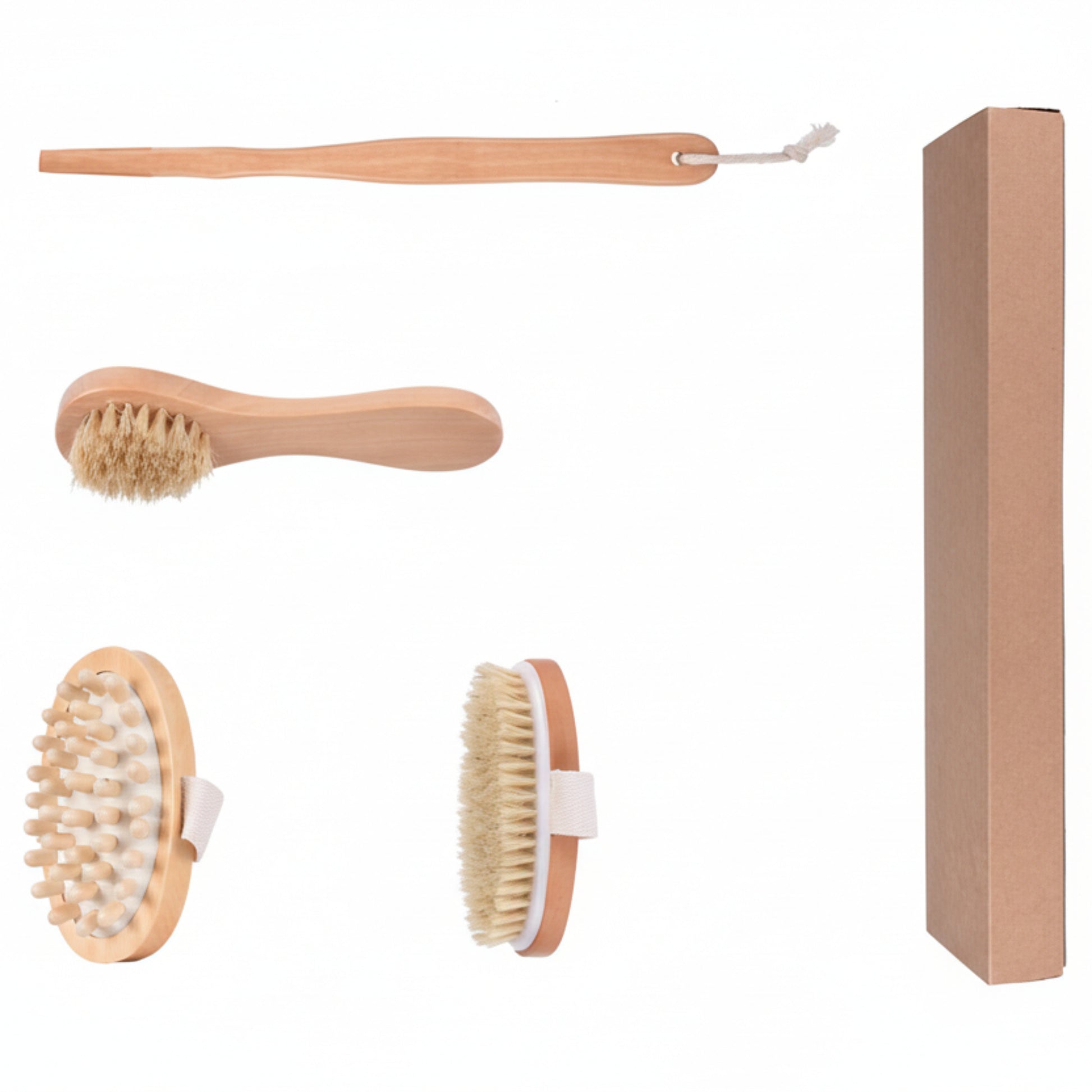 Set of natural bath brushes with wooden handles and a storage box. Earthy home decor inspired by natural textures and warm tones. Perfect for creating a calm, cozy bathroom with timeless and warm  minimalist design. 