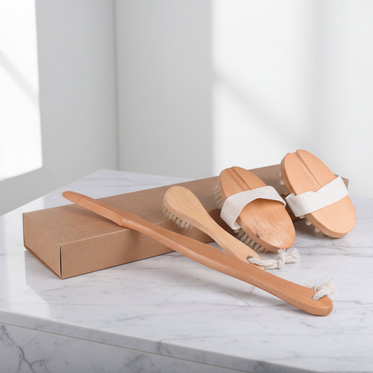 Wooden body brushes with white bands on a marble surface. Packed in a cardboard box. Earthy home decor inspired by natural textures and warm tones. Calm, cozy bathroom items with for stress relief. 