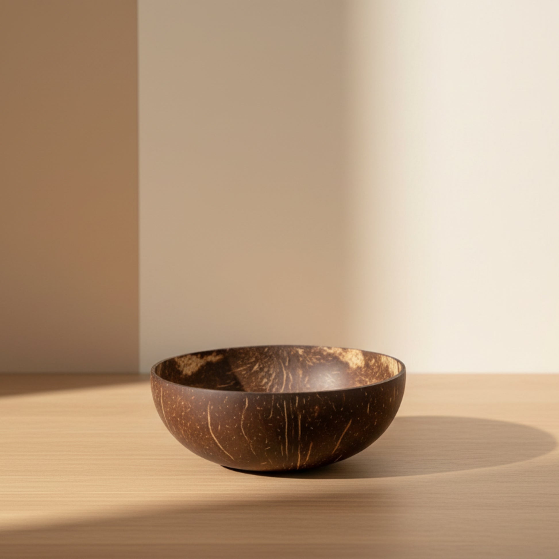 Eco-friendly, natural coconut shell bowl on a white background on a wooden surface. 