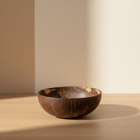 Eco-friendly, natural coconut shell bowl on a white background on a wooden surface. 