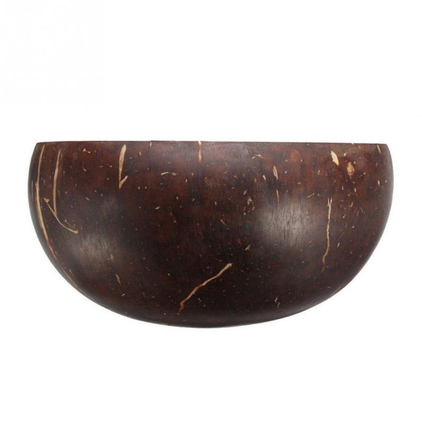 Eco-friendly, natural coconut shell bowl on a white background pictured from the side. 