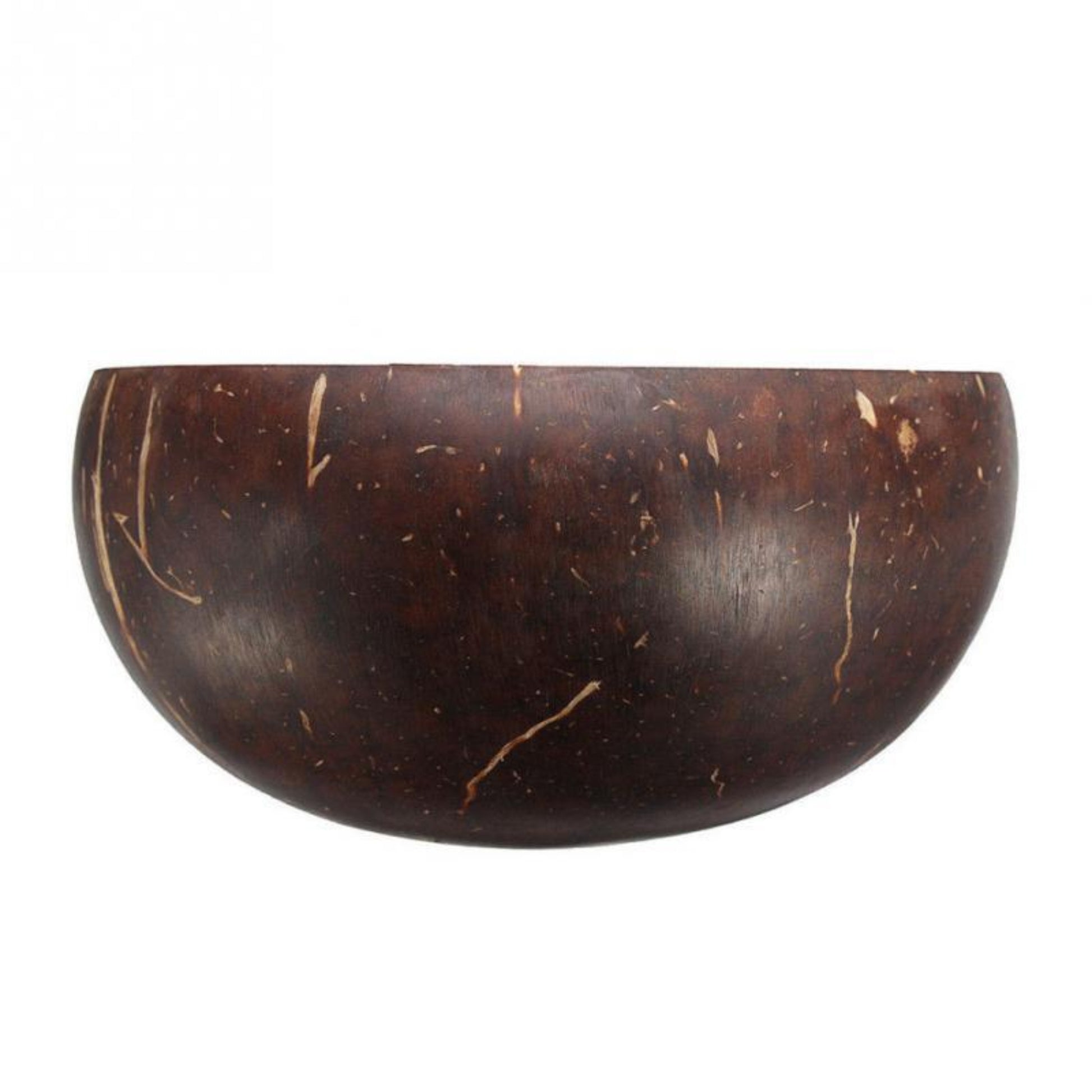Eco-friendly, natural coconut shell bowl on a white background pictured from the side. 