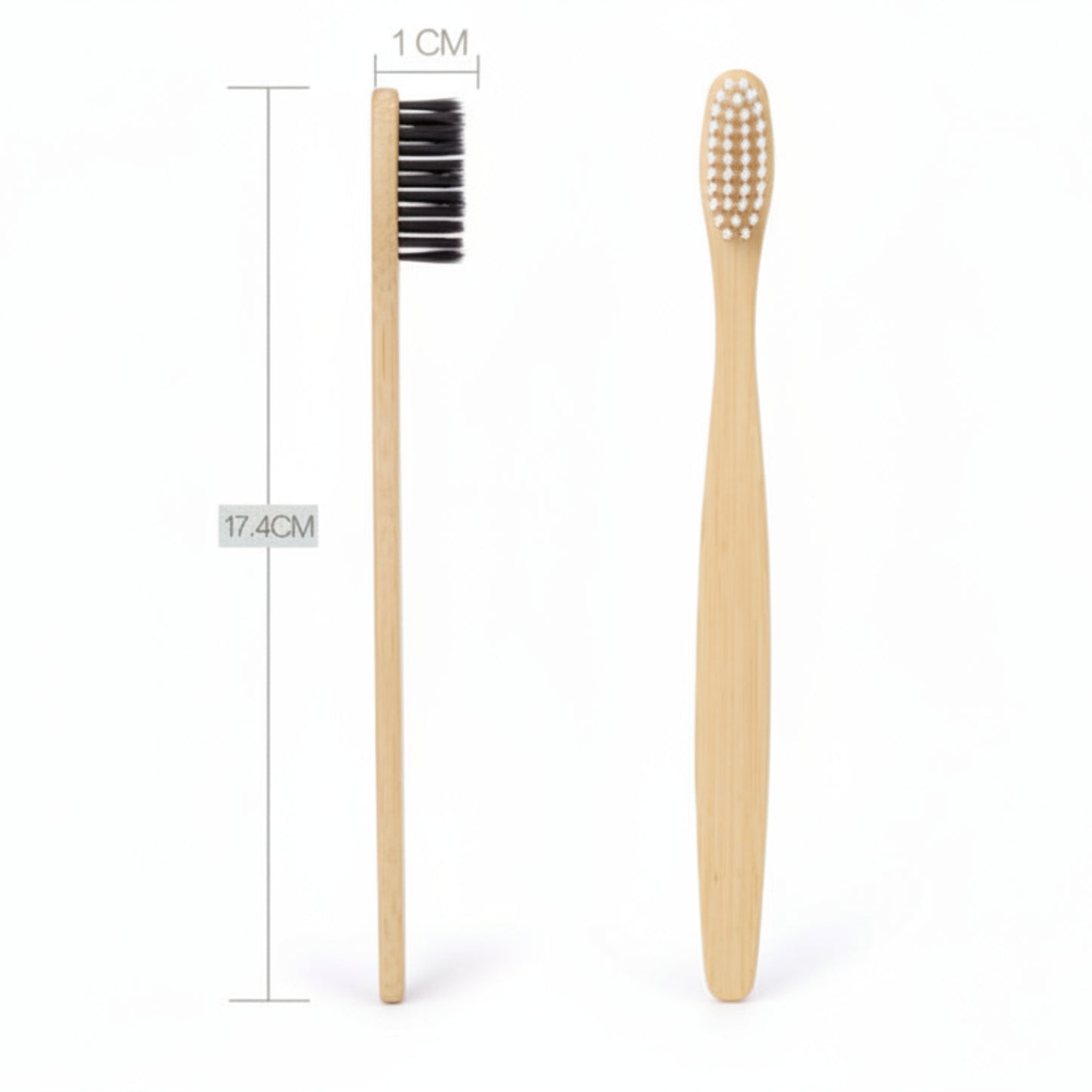 Two bamboo toothbrushes one with black bristles and the other with white bristles. The black one (left) with measurements on a white background. 