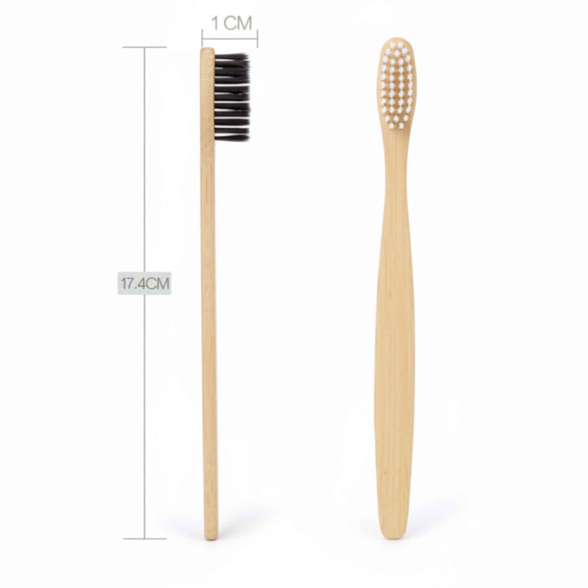 Two bamboo toothbrushes one with black bristles and the other with white bristles. The black one (left) with measurements on a white background. 