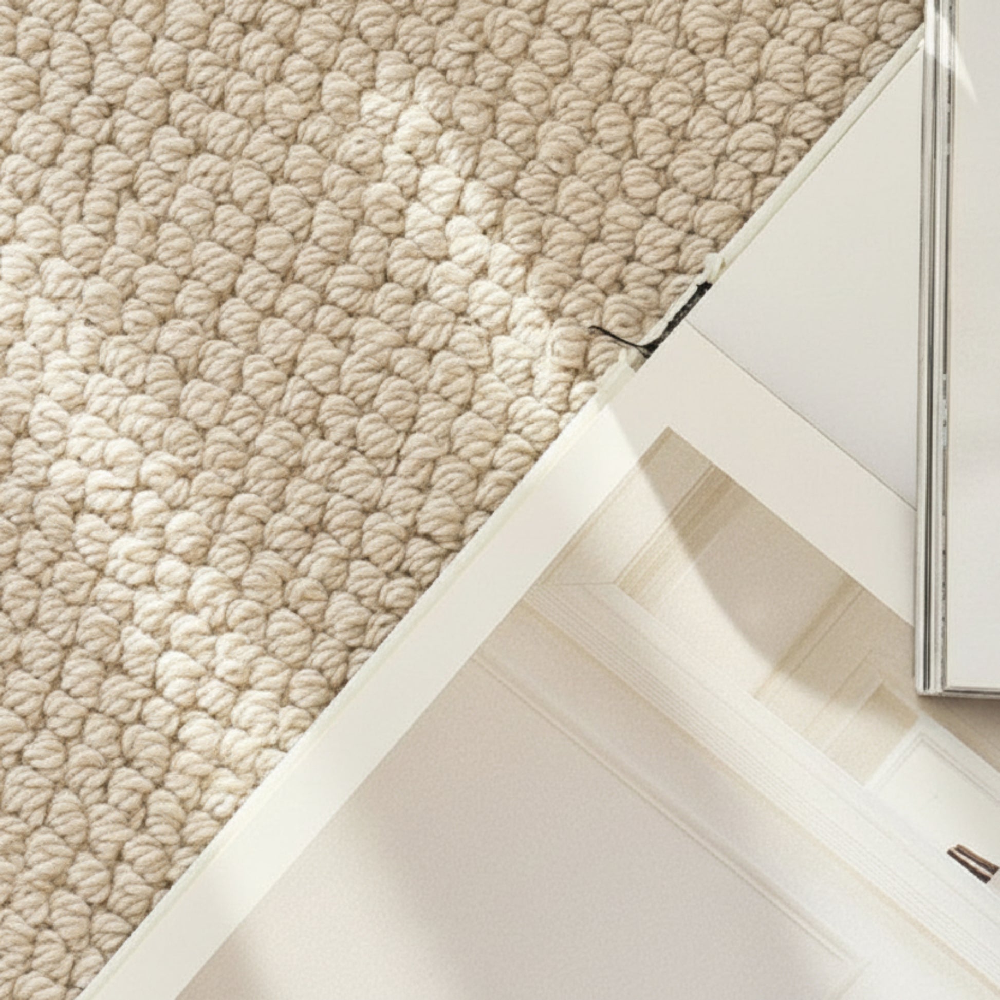 Close-up of a wool-woven textured beige carpet. Warm, earthy and beige ambience.  