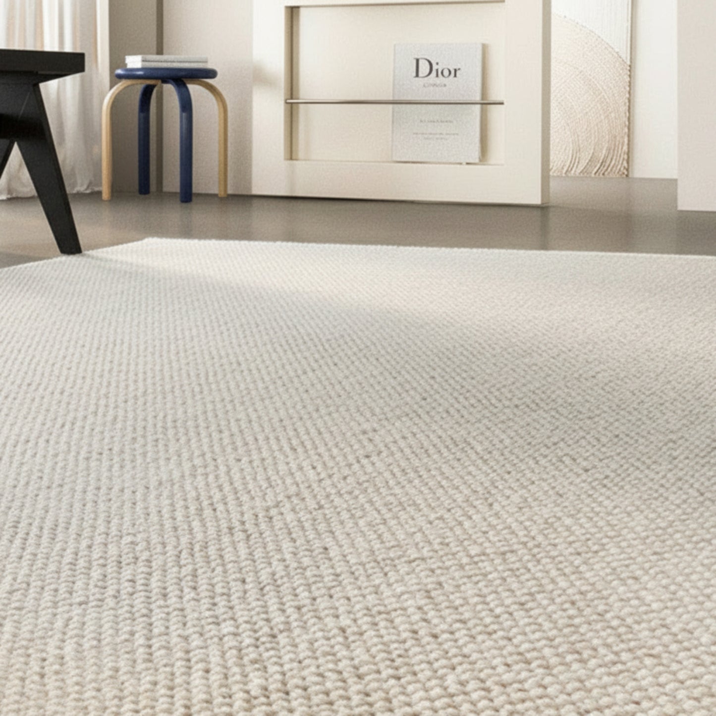 Beige new zealand wool woven carpet in a modern living room setting with furniture and decor. 