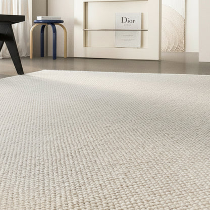 Beige new zealand wool woven carpet in a modern living room setting with furniture and decor. 