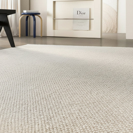 Beige new zealand wool woven carpet in a modern living room setting with furniture and decor. 