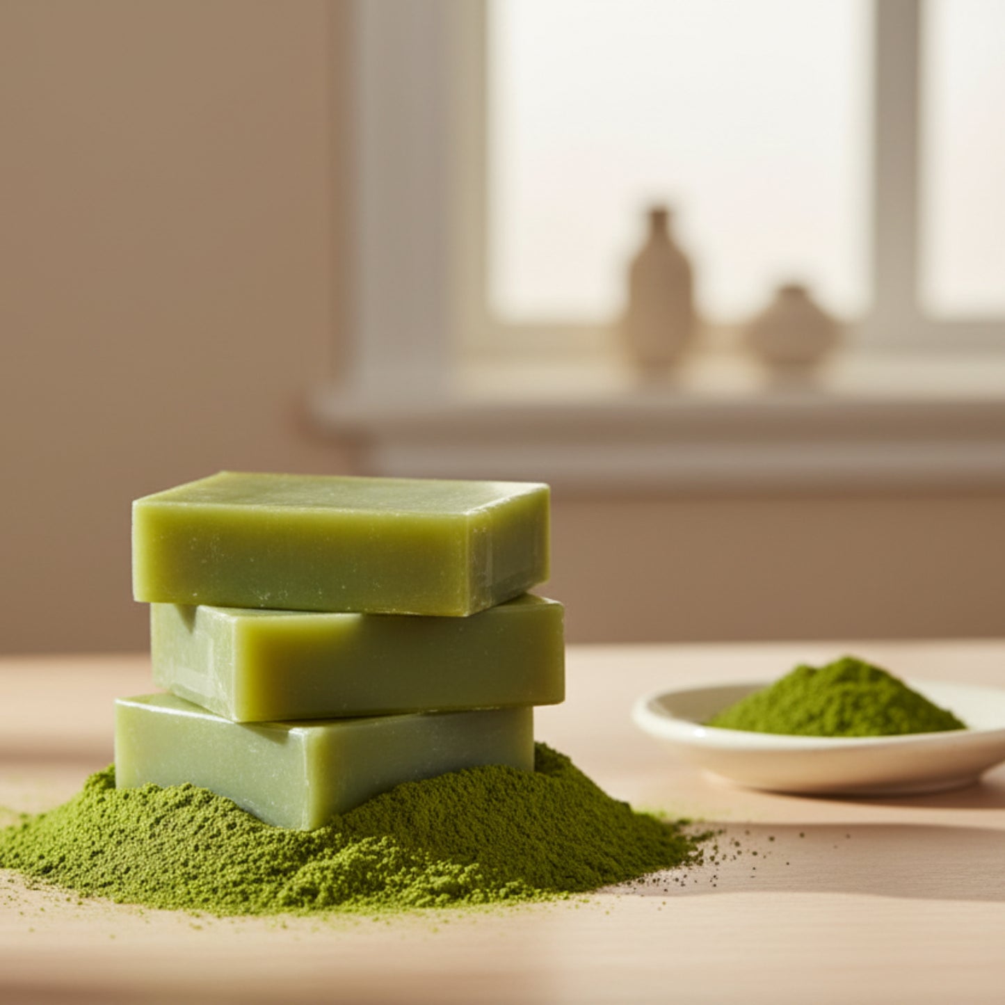 Three green bars of matcha green tea soap on a bed of green powder and with a plate green powder in the background. Organic handmade matcha green tea soap on a beige background and table. 