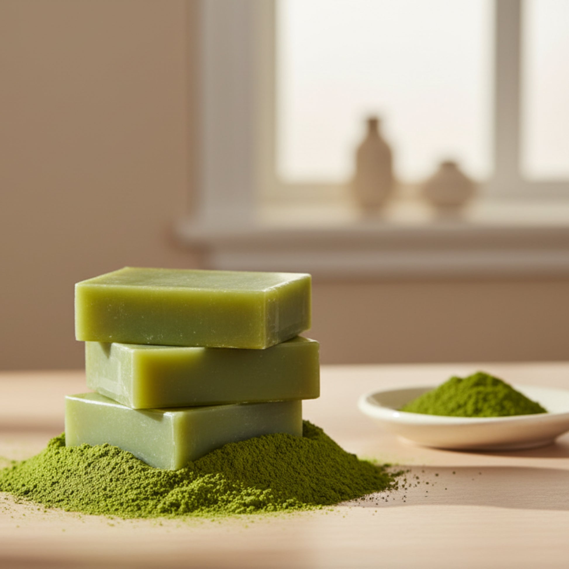 Three green bars of matcha green tea soap on a bed of green powder and with a plate green powder in the background. Organic handmade matcha green tea soap on a beige background and table. 
