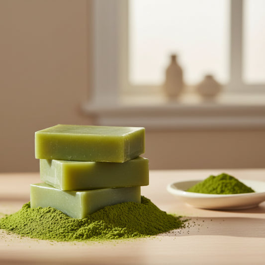 Three green bars of matcha green tea soap on a bed of green powder and with a plate green powder in the background. Organic handmade matcha green tea soap on a beige background and table. 