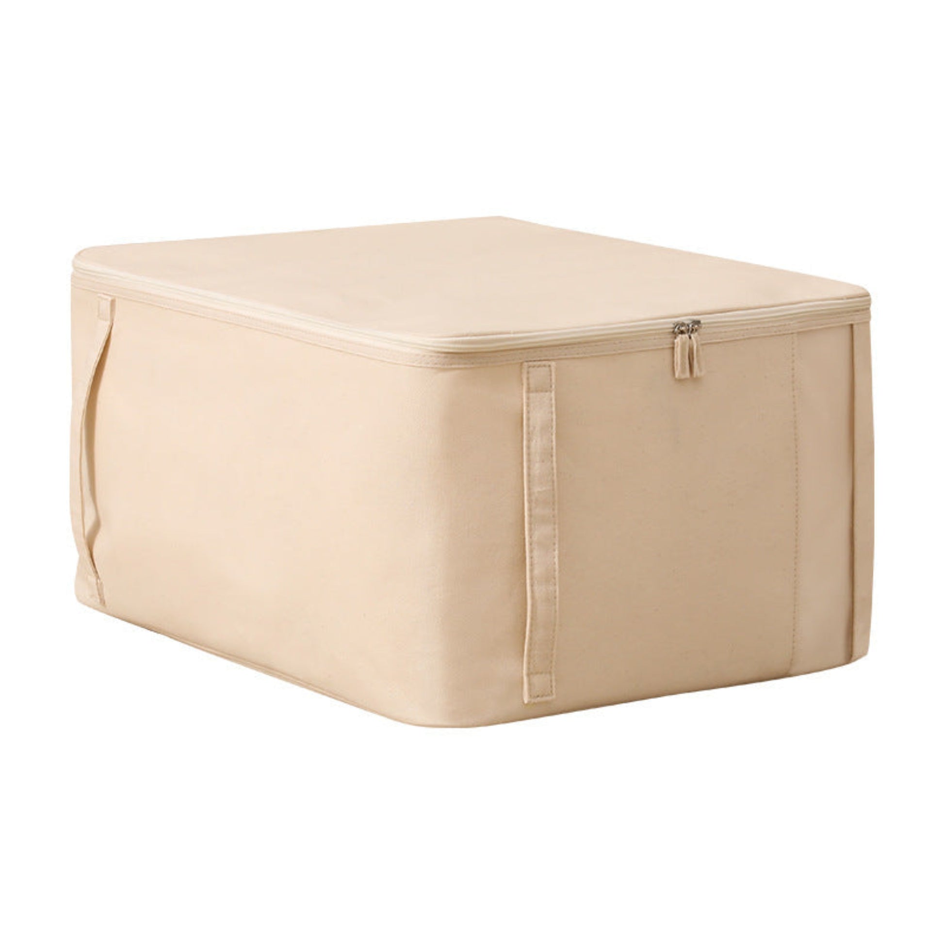 Beige storage box with a zipper on a white background. Earthy, beige and natural home decor and storage possibility. 