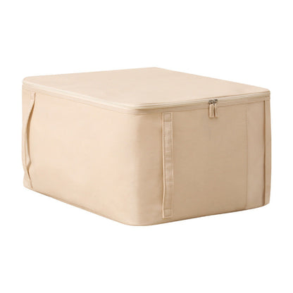Beige storage box with a zipper on a white background. Earthy, beige and natural home decor and storage possibility. 