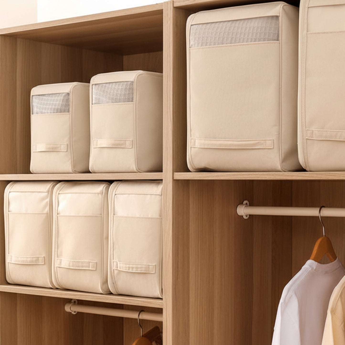 Seven beige storage boxes on a wooden shelf with a hand reaching for one bin. Earthy, beige and natural home decor and storage possibility. 