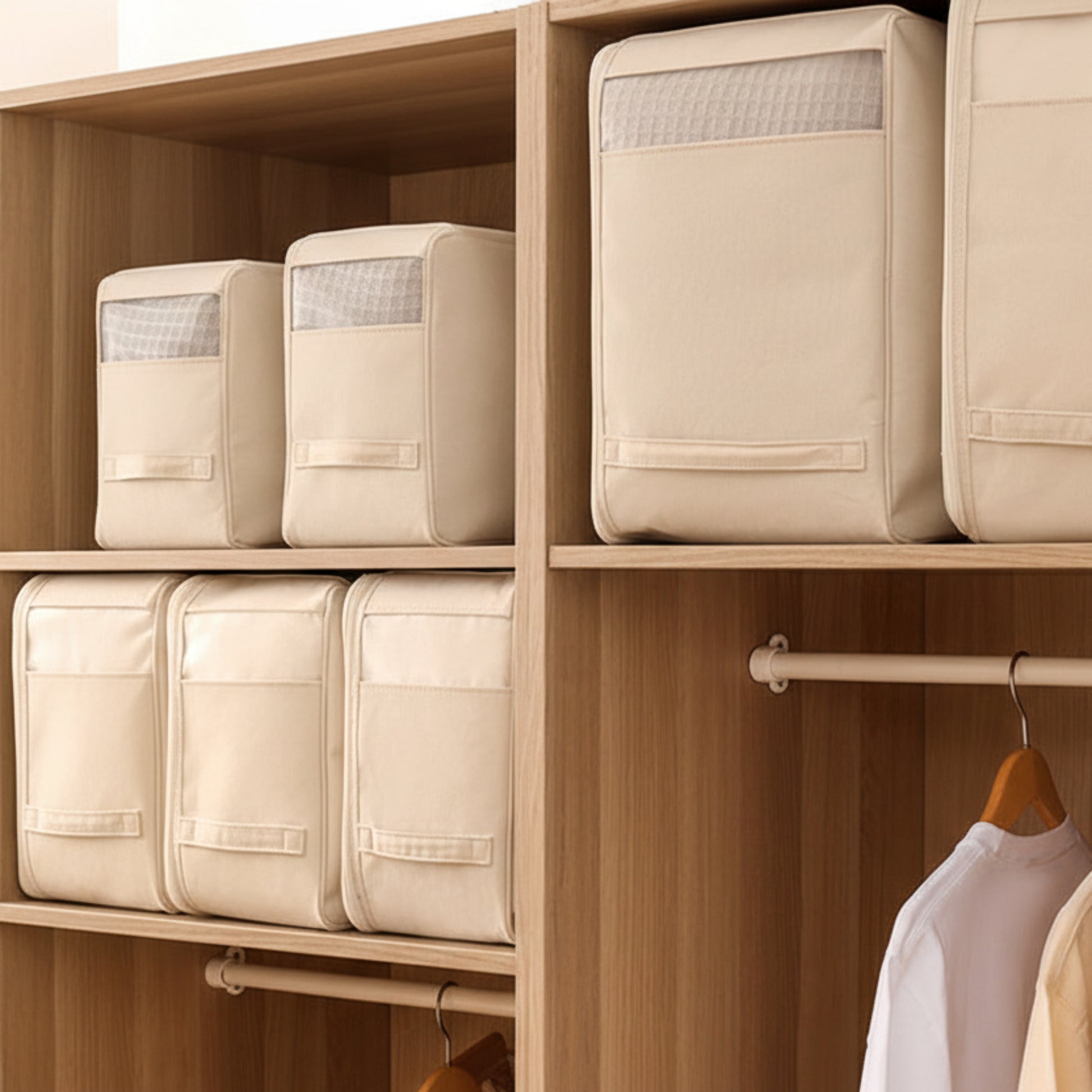 Seven beige storage boxes on a wooden shelf with a hand reaching for one bin. Earthy, beige and natural home decor and storage possibility. 