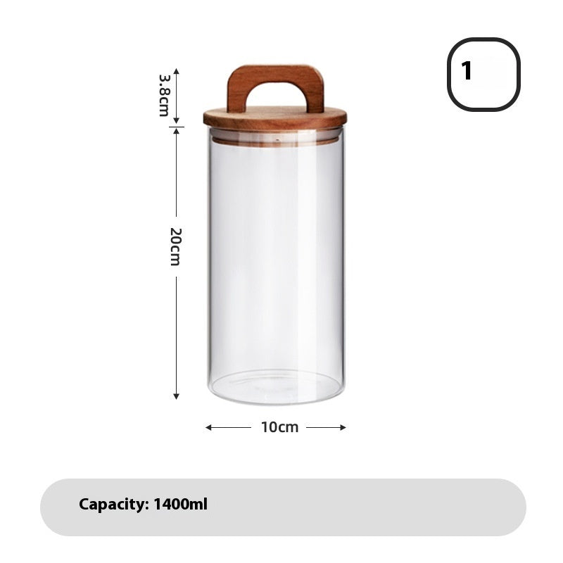 A set of clear glass sealed storage tanks with wooden lids, in various sizes, used for storing dry food and spices - with measurements on a white background. 