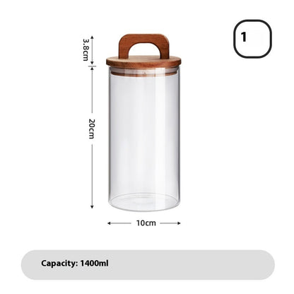 A set of clear glass sealed storage tanks with wooden lids, in various sizes, used for storing dry food and spices - with measurements on a white background. 