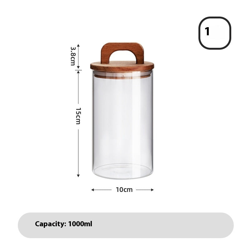 A set of clear glass sealed storage tanks with wooden lids, in various sizes, used for storing dry food and spices - with measurements on a white background. 