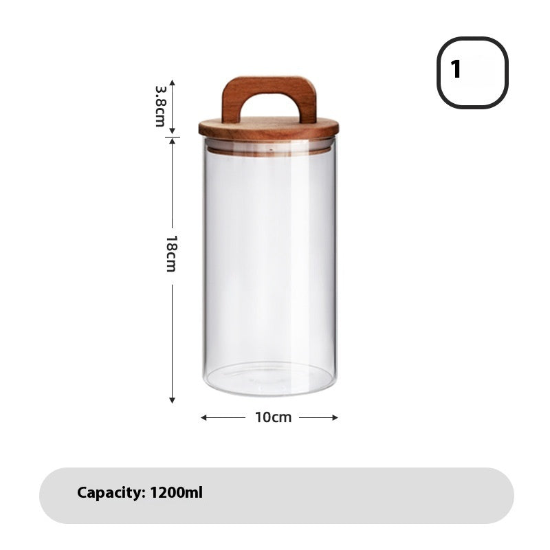 A set of clear glass sealed storage tanks with wooden lids, in various sizes, used for storing dry food and spices - with measurements on a white background. 