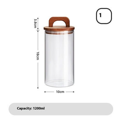 A set of clear glass sealed storage tanks with wooden lids, in various sizes, used for storing dry food and spices - with measurements on a white background. 