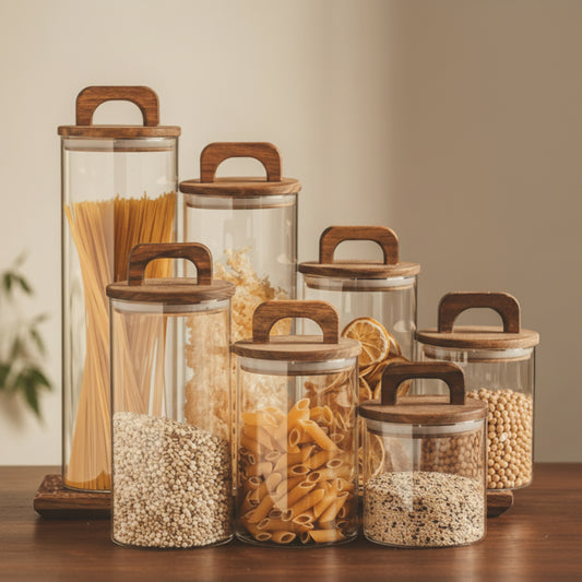 Set of glass storage jars with wooden lids containing various dry goods on a wooden surface against a beige wall background. Acacia wood sealed storage tank. Earthy and warm kitchen and home decor. 
