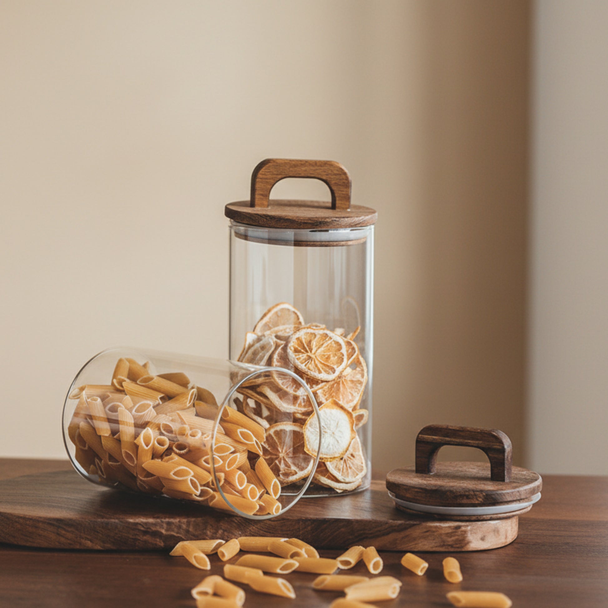 Glass jars with wooden lids containing pasta and dried lemons on a wooden surface against a beige wall background. Acacia wood sealed storage tank. Earthy and warm kitchen and home decor. 