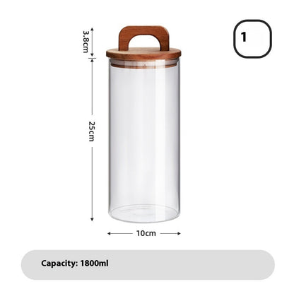 A set of clear glass sealed storage tanks with wooden lids, in various sizes, used for storing dry food and spices - with measurements on a white background. 