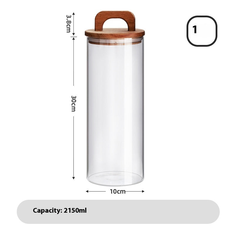 A set of clear glass sealed storage tanks with wooden lids, in various sizes, used for storing dry food and spices - with measurements on a white background. 