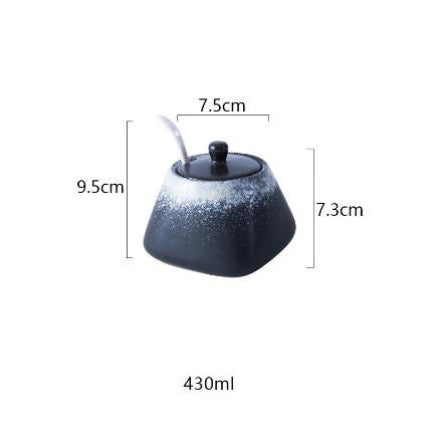Black and silver ceramic jar with measurements on a white background. 
Black and silver seasoning spice jar with white spoon and dimensions on a white background. 430ml. 
