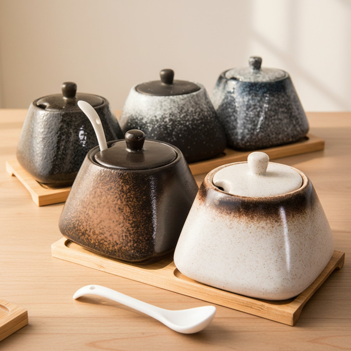 Set of different colors ceramic pots with lids and a spoon on a brown wooden tray and on a wooden table surface. Modern accessories, natural materials, and timeless kitchen piece. 
