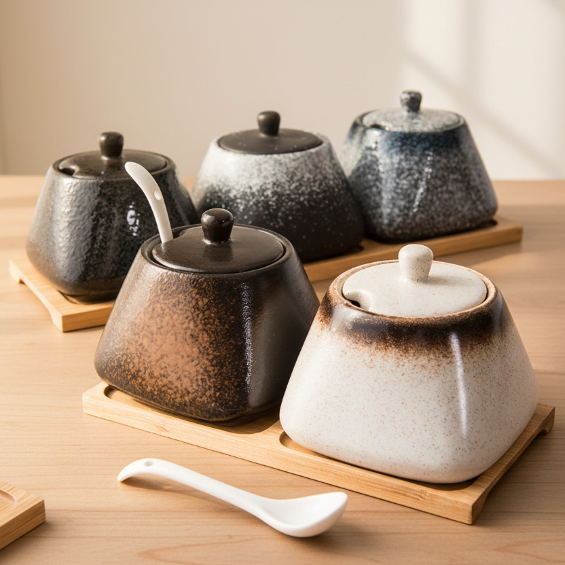Set of different colors ceramic pots with lids and a spoon on a brown wooden tray and on a wooden table surface. Modern accessories, natural materials, and timeless kitchen piece. 
