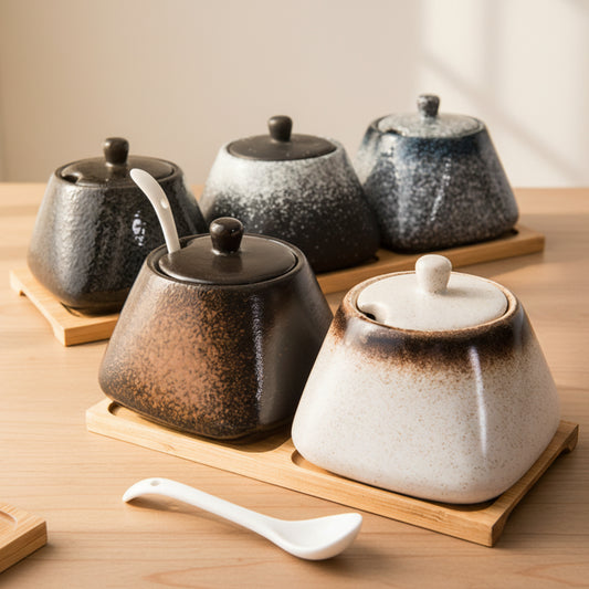 Set of different colors ceramic pots with lids and a spoon on a brown wooden tray and on a wooden table surface. Modern accessories, natural materials, and timeless kitchen piece. 