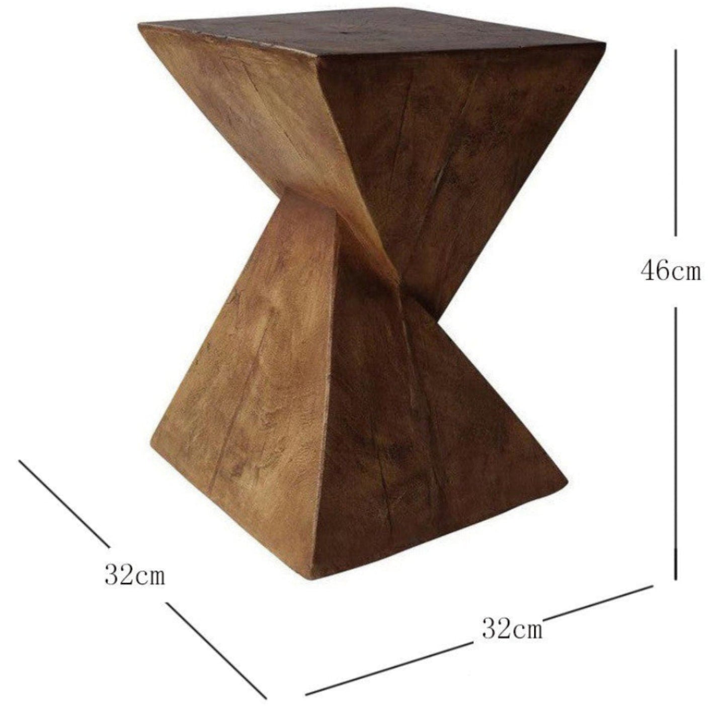 Brown geometric side table or stool with dimensions on a white background. Minimalist wooden side table. Decor piece with clean lines, natural materials. Timeless side table. 
