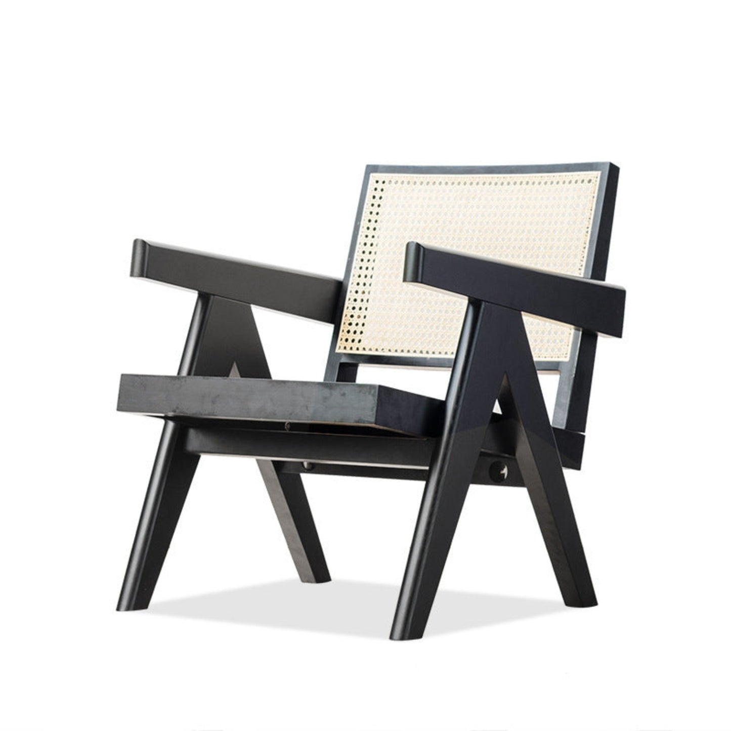 Black wooden chair with wicker backrest on a white background. Minimalist furniture design. Modern chair interior with clean lines, natural materials, and a timeless pieces. Earthy and eco-friendly. 