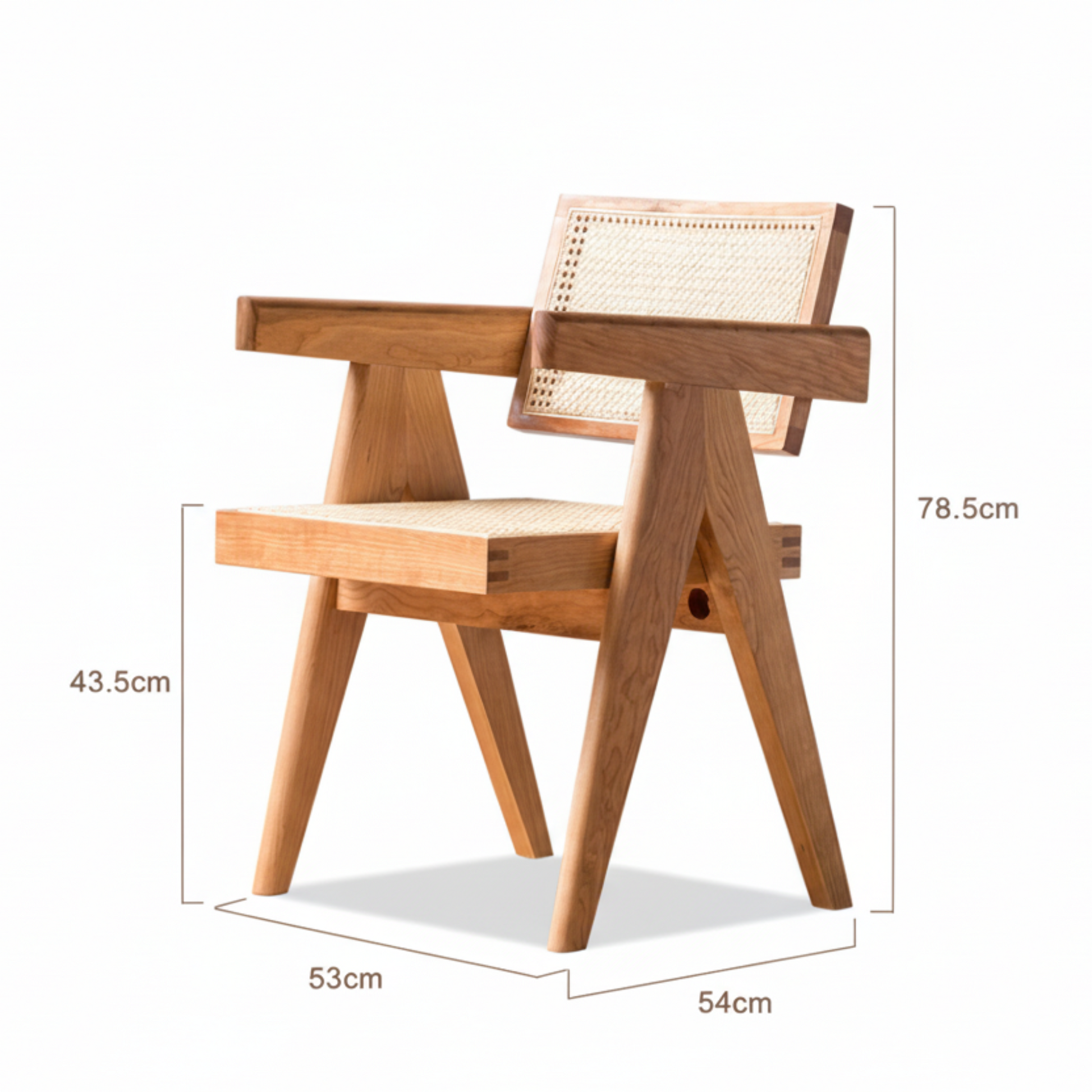 Wooden chair with dimensions labeled on a white background. Wooden chair with woven backrest. Warm and beige ambience. 