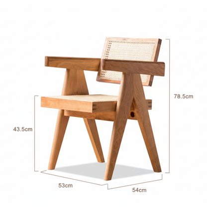 Wooden chair with dimensions labeled on a white background. Wooden chair with woven backrest. Warm and beige ambience. 