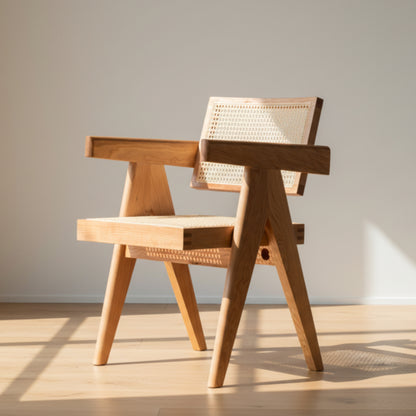Wooden chair with woven backrest on a white wall background and a wooden floor. Warm and beige ambience. 