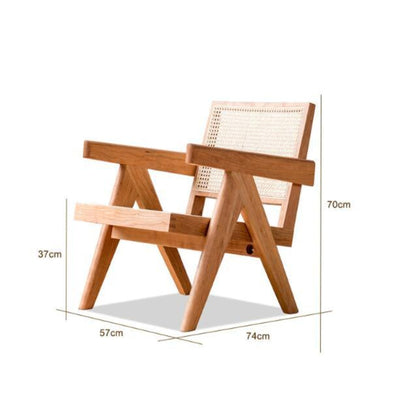 Wooden chair with wicker backrest and dimensions on a white background. 
Minimalist furniture design. Modern chair interior with clean lines, natural materials, and a timeless pieces. Warm and earthy furniture piece. 