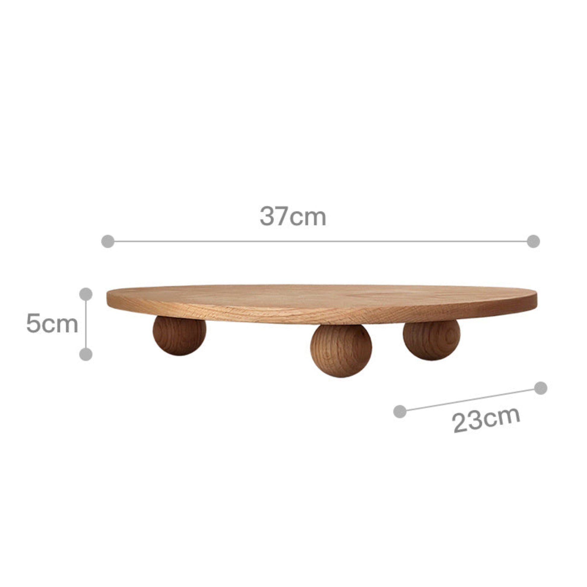 Wooden tray with unique ball high foot design with measurements on a white background. Natural and earthy decor item with a irregular triangle shape.  