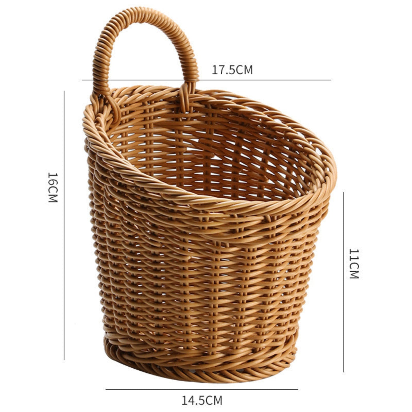 Wicker basket with dimensions on a white background. 