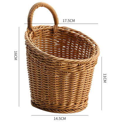 Wicker basket with dimensions on a white background. 