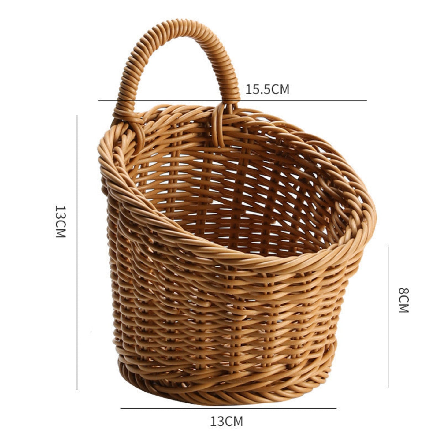 Wicker basket with dimensions indicated on a white background. 
