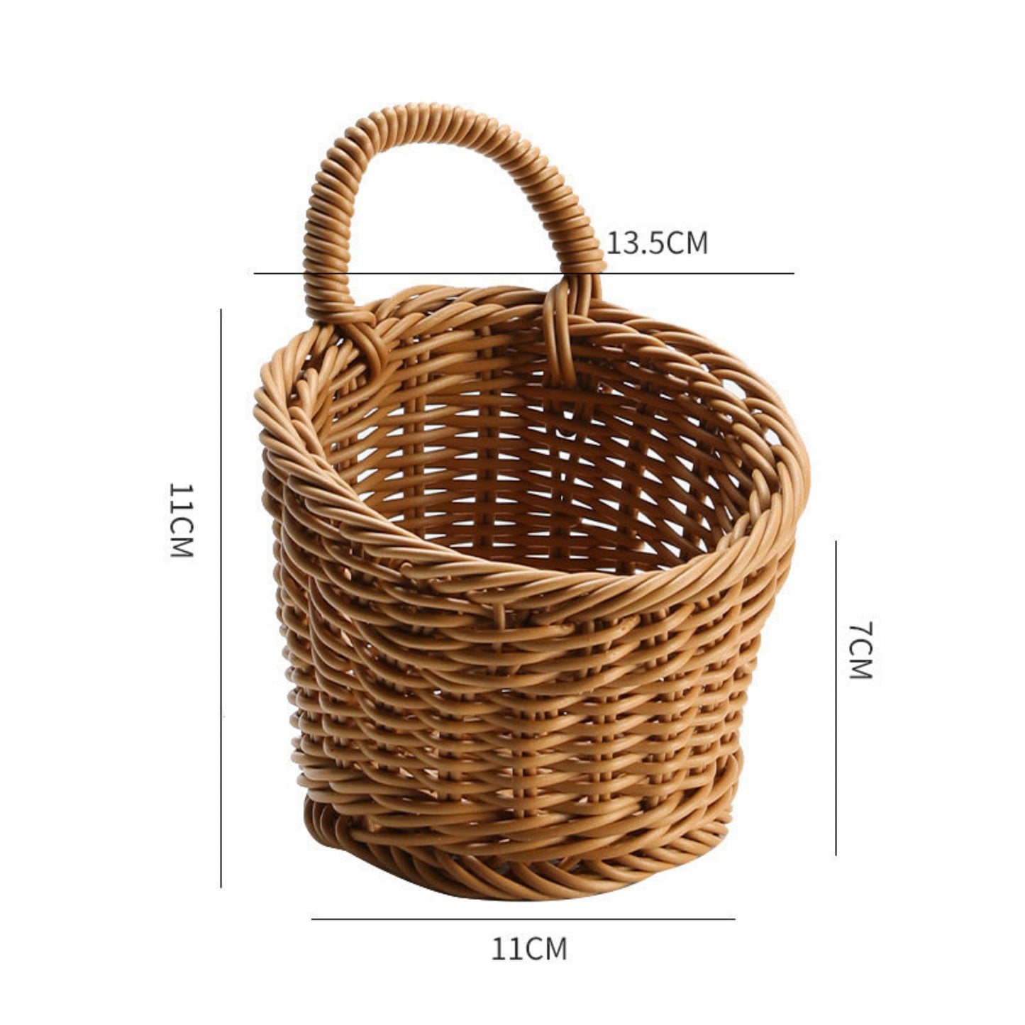 Wicker basket with dimensions labeled on a white background