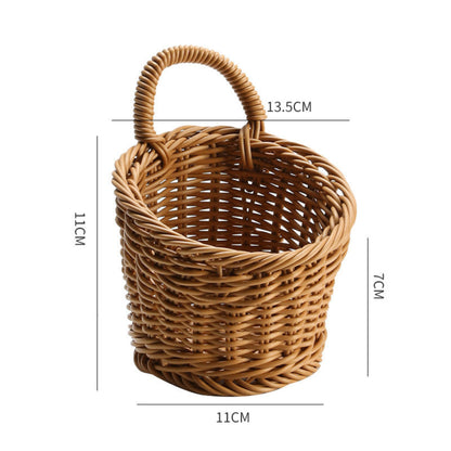 Wicker basket with dimensions labeled on a white background