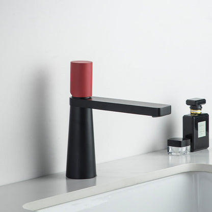 A black and red colored basin faucet with a sleek design, displayed against a white background.  Minimalist bathroom or kitchen faucet with premium copper faucet. Timeless design for warm and modern interiors.
