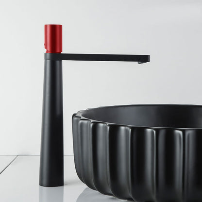 A black and red colored basin faucet with a sleek design, displayed against a white background.  Minimalist bathroom or kitchen faucet with premium copper faucet. Timeless design for warm and modern interiors.